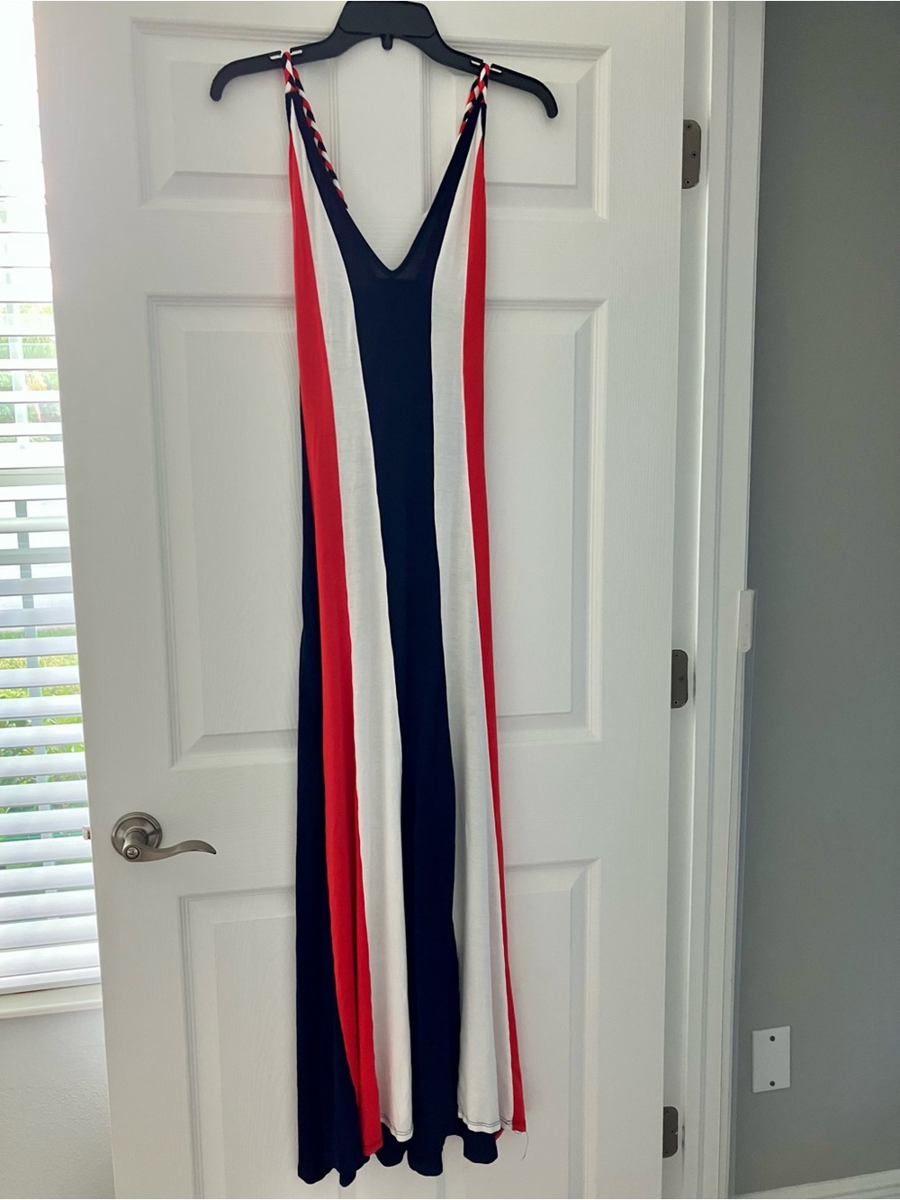 Striped V-Neck Maxi Dress in Navy, White & Red